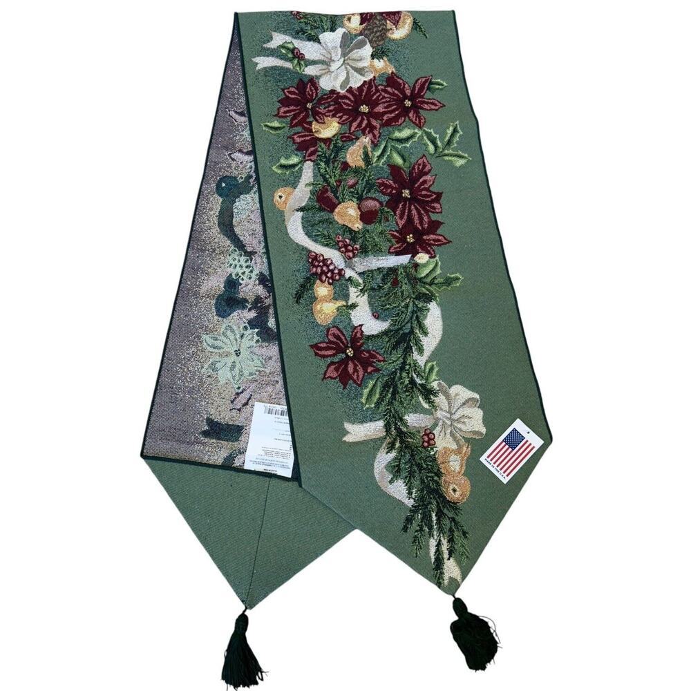 NWT Vintage Tapestry Christmas Holiday Table Runner 72"x13" Green Floral Spruce
